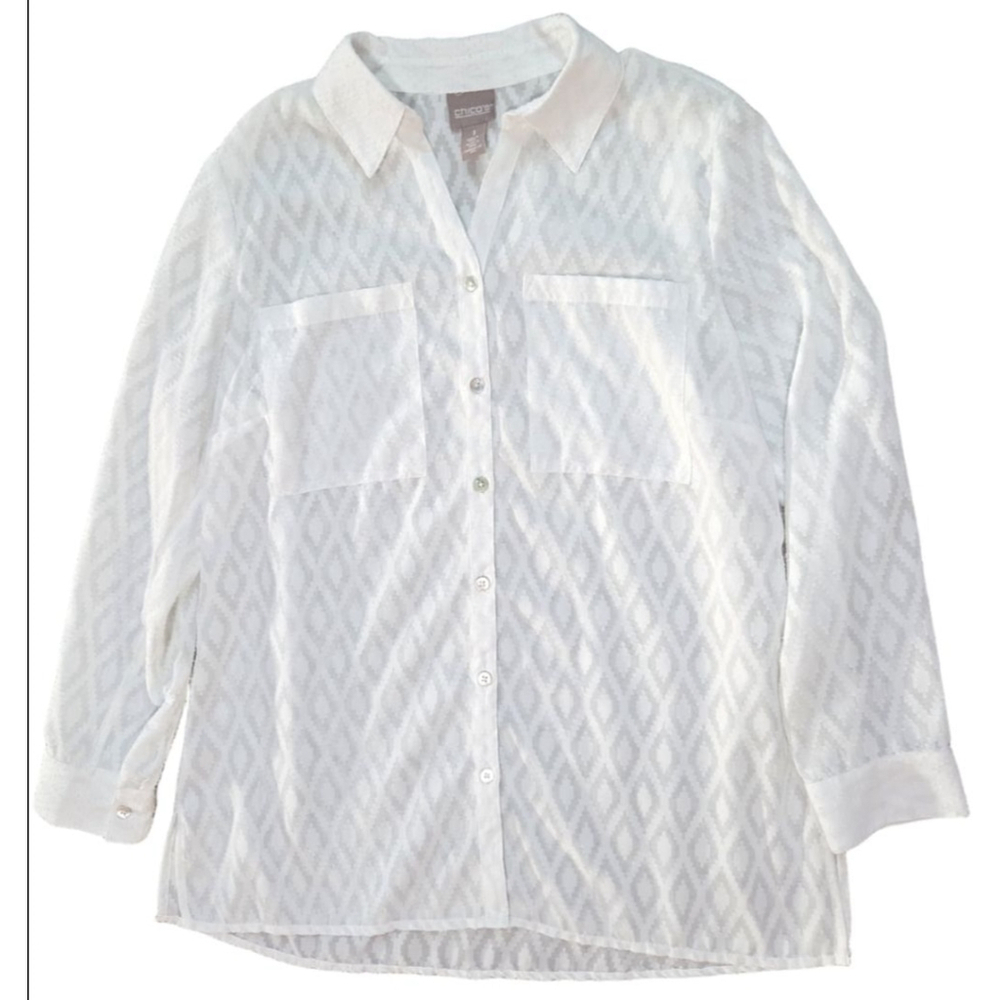 Women's Chico's White Textured Button Down Shirt Size 1